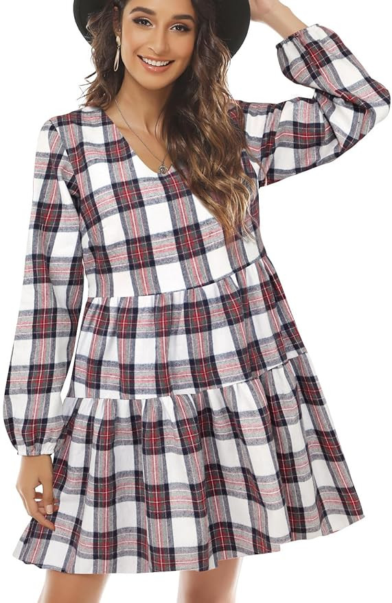 FANCYINN Womens Long Sleeve Buffalo Plaid Shift Tunic Dress Ruffle Hem Vneck Casual Swing Babydol... | Amazon (US)