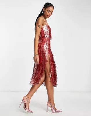 ASOS DESIGN shard detail midi dress with sheer waist detail in pink | ASOS | ASOS (Global)