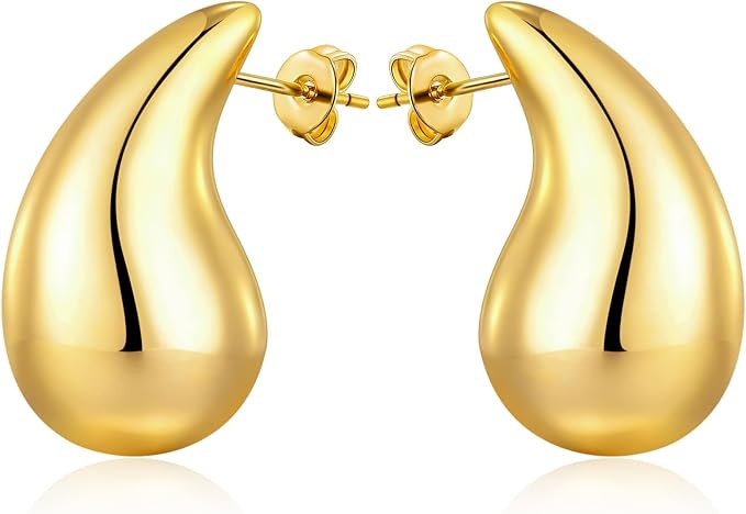 Chunky Gold Hoop Earrings for Women Lightweight 18K Gold Plated Hypoallergenic Waterdrop Hollow s... | Amazon (US)