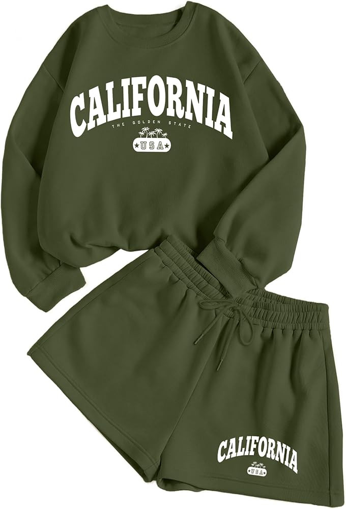 Hilinker Womens Graphic 2 Piece Outfit Long Sleeve Sweatshirt and Shorts Set Casual Sweatsuits | Amazon (US)