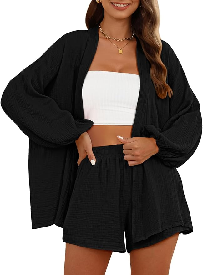 Pink Queen Women's 2 Piece Tracksuit Outfit Long Sleeve Belted Kimono Blouse High Waisted Shorts ... | Amazon (US)