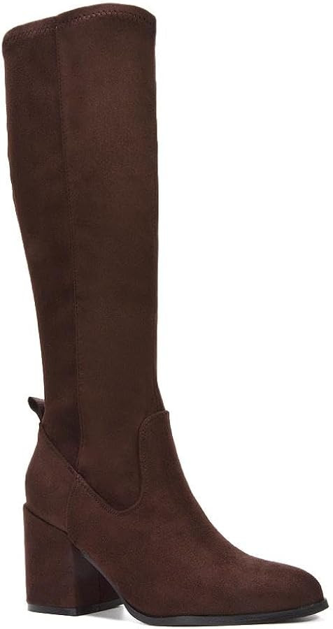ESSEX GLAM Women's Knee High Boots Block Mid Heel Stretch Calf Fit Faux Suede Zip Size 3-8 | Amazon (UK)