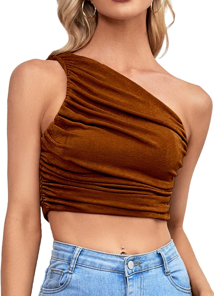 LYANER Women's Sexy Ruched One Shoulder Sleeveless Crop Top Strappy Cami Tank | Amazon (US)