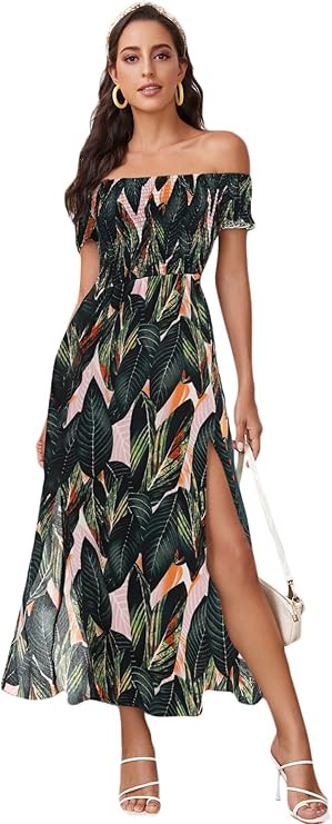 Floerns Women's Boho Floral Print Off Shoulder Split Long A Line Dress | Amazon (US)