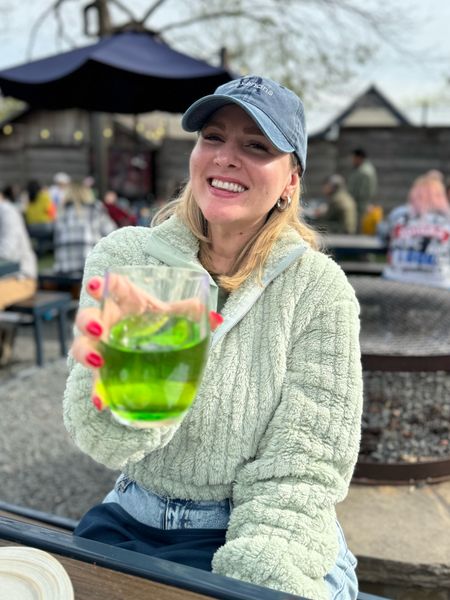 Cozy sage green Sherpa pullover for St. Patrick’s Day festivities outside. What to wear on St. Patrick’s Day in cooler weather. Cooler weather spring outdoor outfits casual 

#LTKmidsize #LTKSeasonal