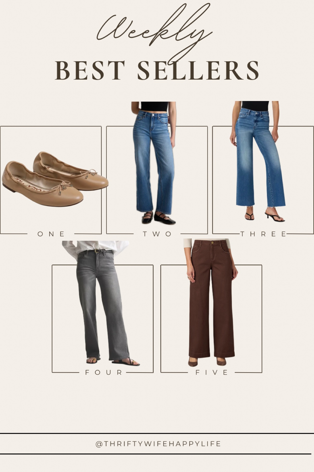 My weekly best sellers are here!! 🍂

1. Sam Edelman ballet flats — my most worn fall shoes, such a classic staple!
2. Quince Bella Stretch Straight Leg jeans — such a good classic jean for fall (I have them in a 25 short)
3. Quince Bella Stretch Wide Leg jeans — love this style! I have the 25 short but cut the hem for a more cropped look
4. Quince Bella Stretch Relaxed Straight Leg gray jeans in 25 extra short
5. These brown jeans from Nordstrom — I don't own this exact pair, but I've been linking to them because my brown jeans are out of stock in this color!

Everything is budget-friendly and petite-approved (5'1" over here!) 💕