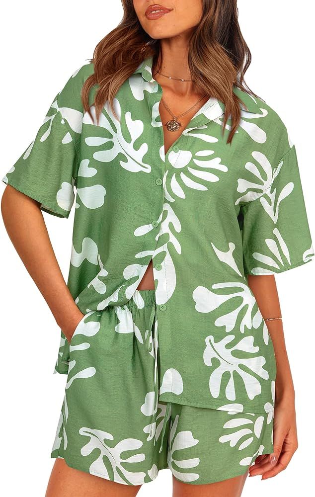 PRETTYGARDEN Women Summer 2 Piece Beach Outfits Printed Short Sleeve Tops Lounge Shorts Casual Tr... | Amazon (US)