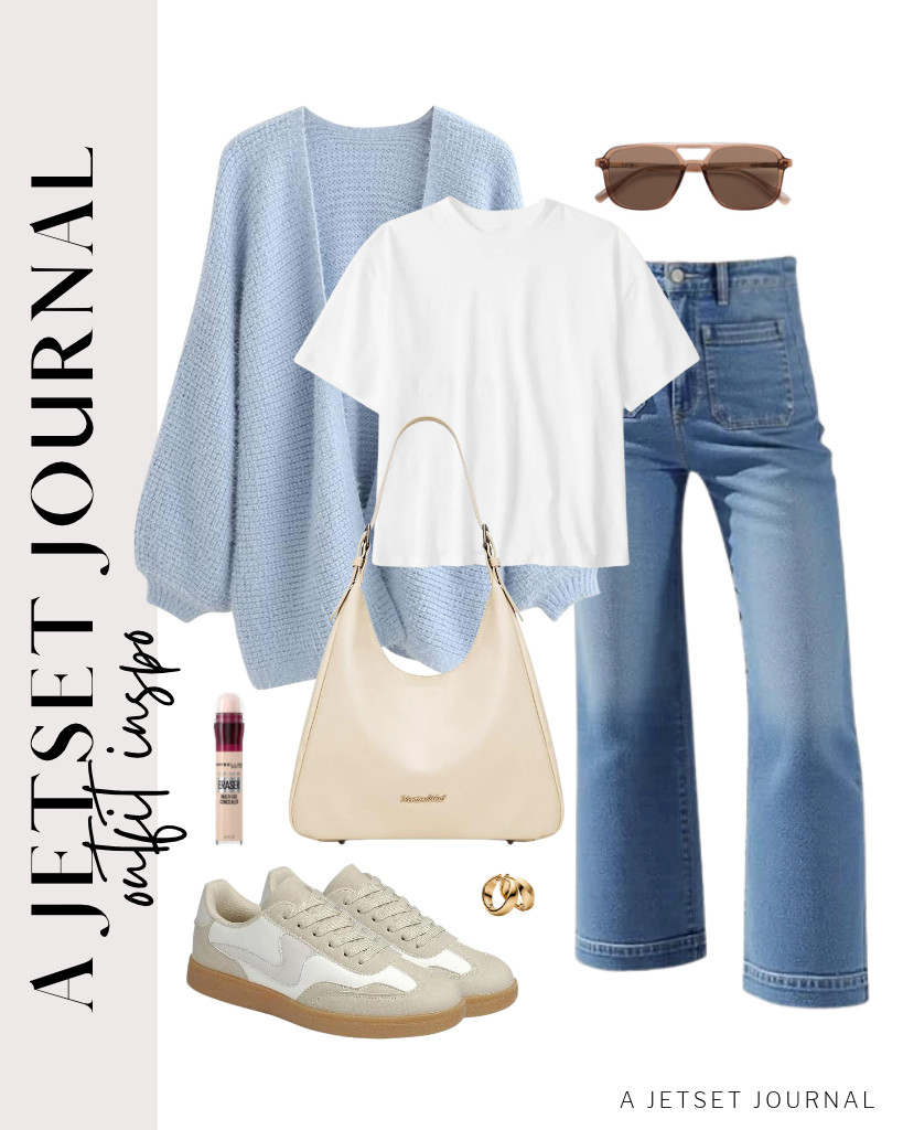 We’re obsessing over this blue CHICWISH fuzzy open-front cardigan over a crewneck short-sleeve top outfit. It goes well with Tankaneo wide-leg jeans. Wear these Forever Link low-top sneakers and SOJOS aviator sunnies with this fit. 

 #LTKSeasonal #LTKSaleAlert #LTKTravel