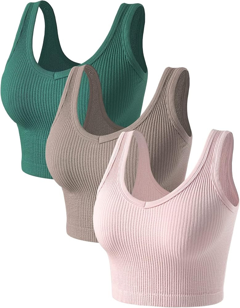 Womens Crop Tops Basic Sleeveless Both V-Neck and Round Neck 3 Pieces Black White Ribbed Seamless... | Amazon (US)