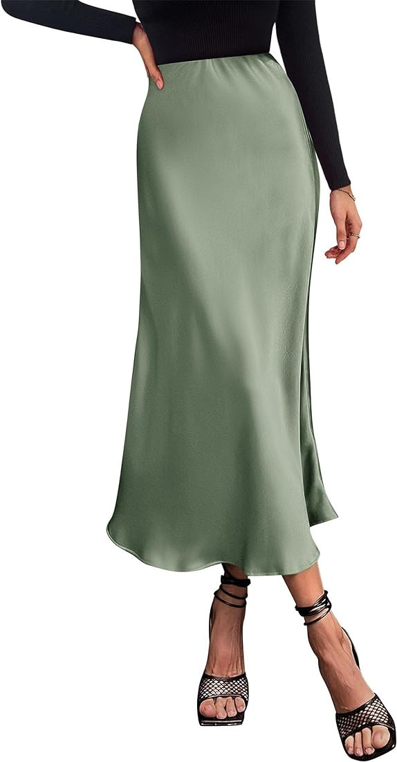 PRETTYGARDEN Women's Midi Satin Skirt Dressy Casual High Waisted A Line Flowy Ruffle Elegant Part... | Amazon (US)
