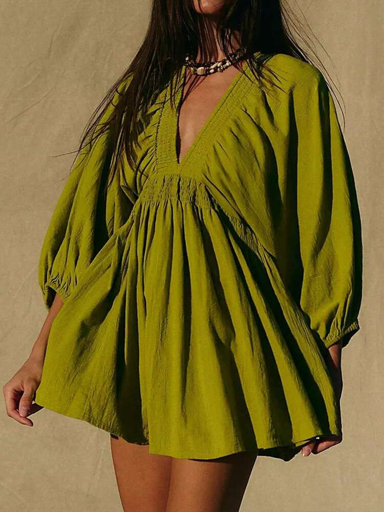 New Spring/Summer Elegant Fashion Sexy Deep V-Neck Puff Sleeve Casual Mini Dress For Women, Vacation Boho & Western & Tropical & Sun Dress | SHEIN