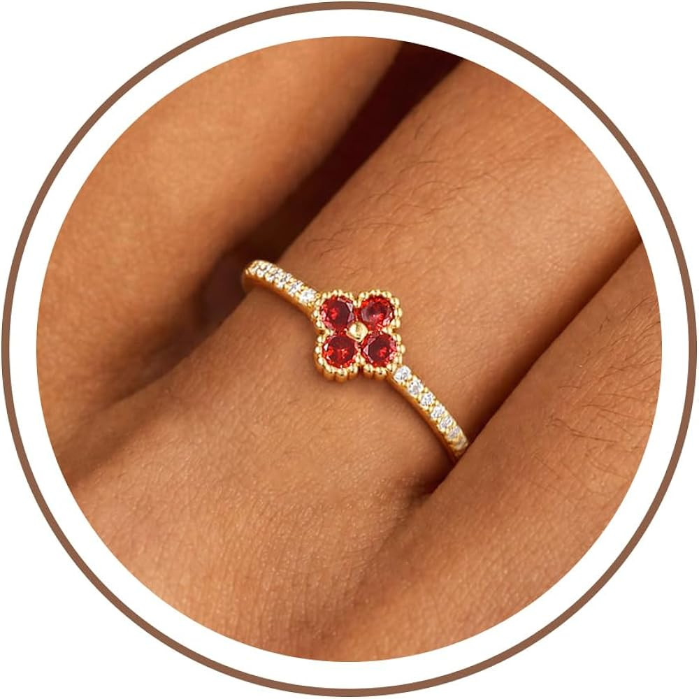 ZOERAY Clover Birthstone Gold Rings for Women Non Tarnish Dainty CZ Ring | Amazon (US)