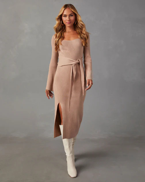 Ritchie Tie Waist Midi Sweater Dress - Tan | VICI
