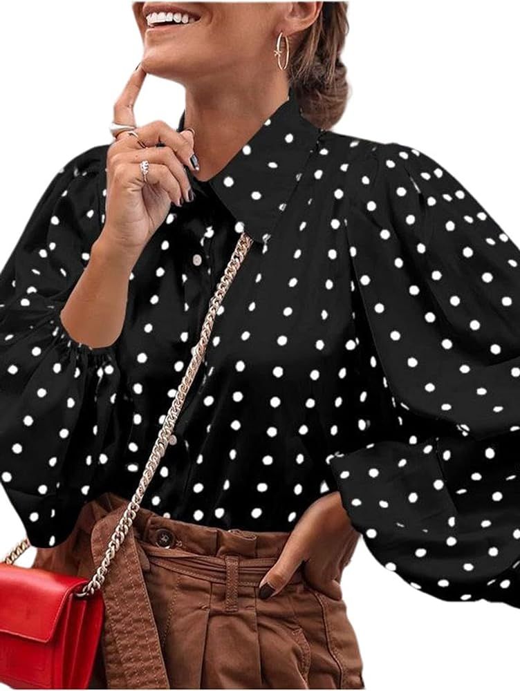 Avanova Women's Casual Leopard Print Tops Blouse V Neck Long Sleeve Button Down Shirt | Amazon (US)