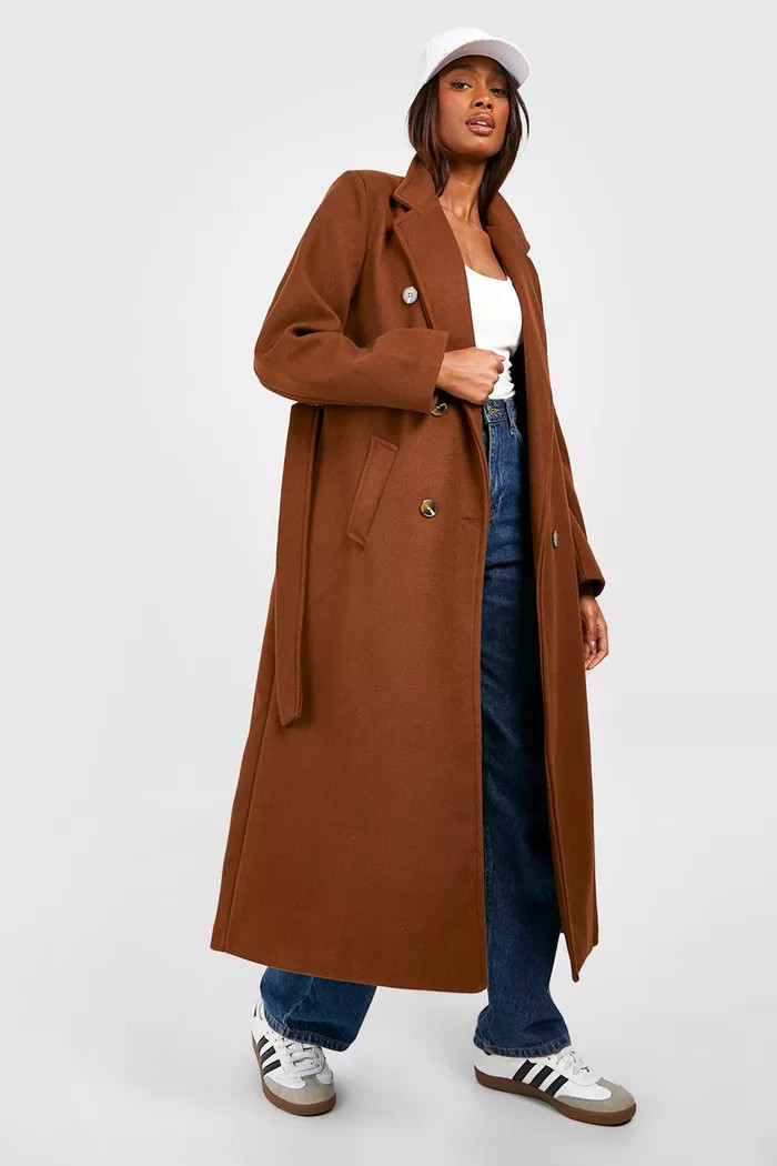 Longline Double Breasted Belted Wool Look Coat | boohoo (US & Canada)