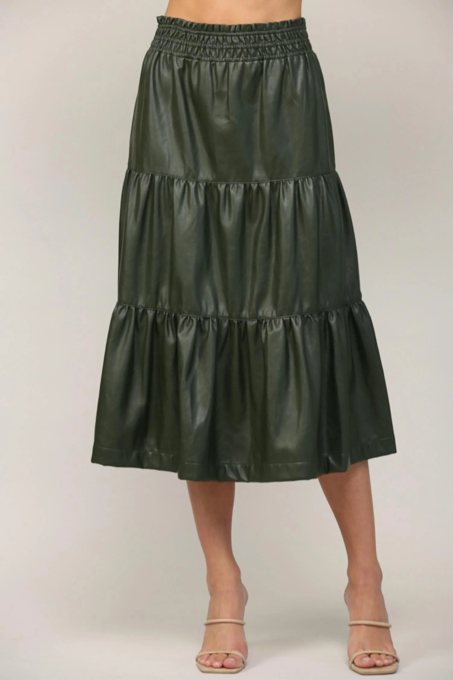 Faux Leather Tiered Midi Skirt In Olive | Shop Simon