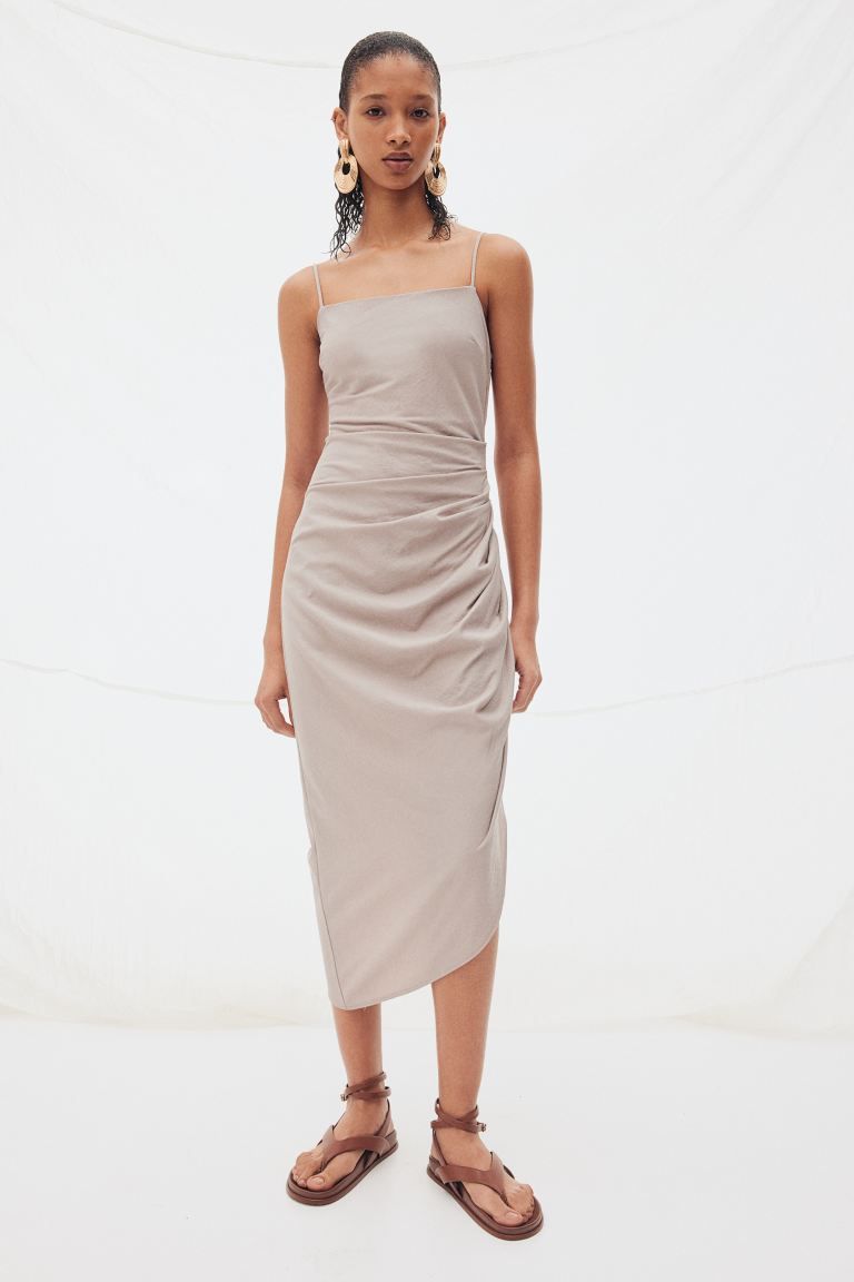 Draped asymmetric dress - Square neckline - Sleeveless - Light mole - Ladies | H&M GB | H&M (UK, MY, IN, SG, PH, TW, HK)
