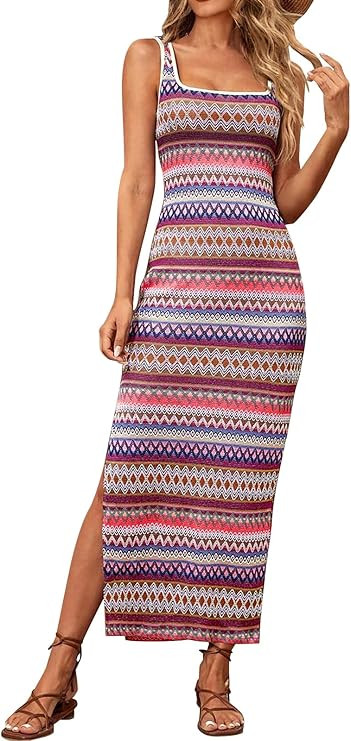 PRETTYGARDEN Tank Dress for Women 2026 Summer Casual Striped Maxi Dresses Fitted Square Neck Beac... | Amazon (US)