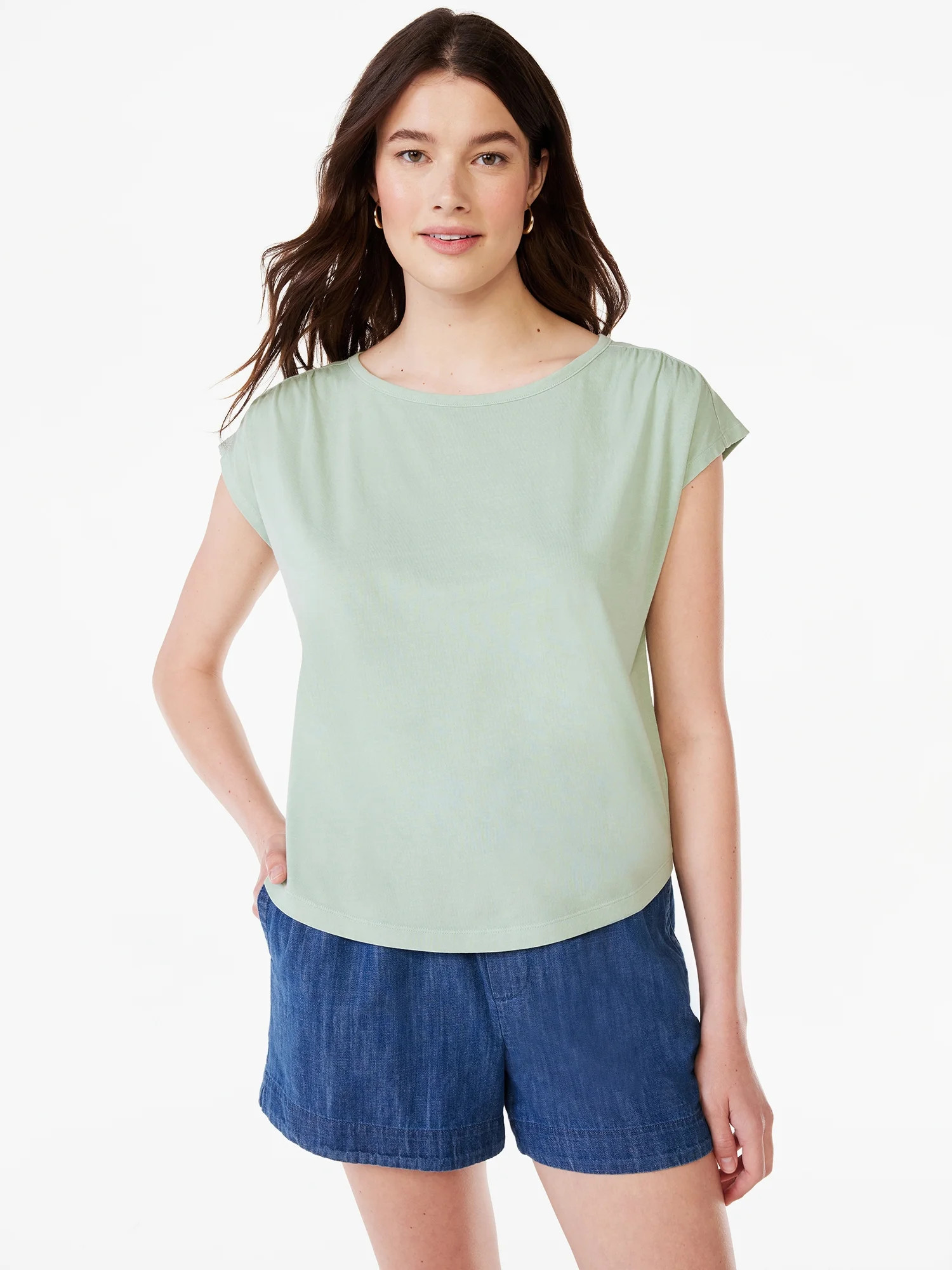 Free Assembly Women's Shirred Shoulder Tee with Short Sleeves, Sizes XS-XXXL | Walmart (US)