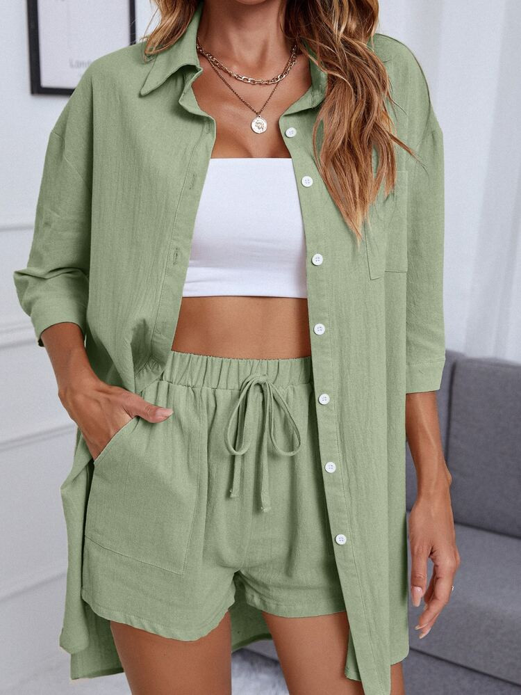 Solid Button Front Shirt & Tie Front Track Shorts
       
              
              $17.49    ... | SHEIN