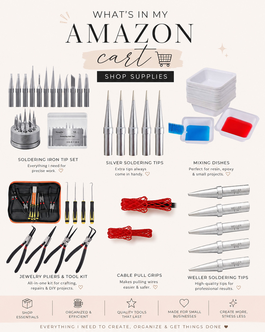 Stocking up on the little things that keep projects moving! 🛒✨

This week’s Amazon cart is full of shop supplies and DIY essentials—from soldering iron tips and precision tool kits to mixing trays and wire-pulling accessories. These are the behind-the-scenes tools that make crafting, repairs, resin projects, and small business tasks so much easier.

If you're a maker, crafter, reseller, or DIY enthusiast, these are the kinds of supplies worth keeping on hand. 🧰⚡

Everything is linked in my LTK!

#AmazonFinds #AmazonFavorites #LTKHome #LTKDIY #DIYTools #WorkshopEssentials #CraftRoomOrganization #SmallBusinessOwner #ResinCrafts #MakerCommunity #SolderingTools #ToolKit #AmazonCart 

 