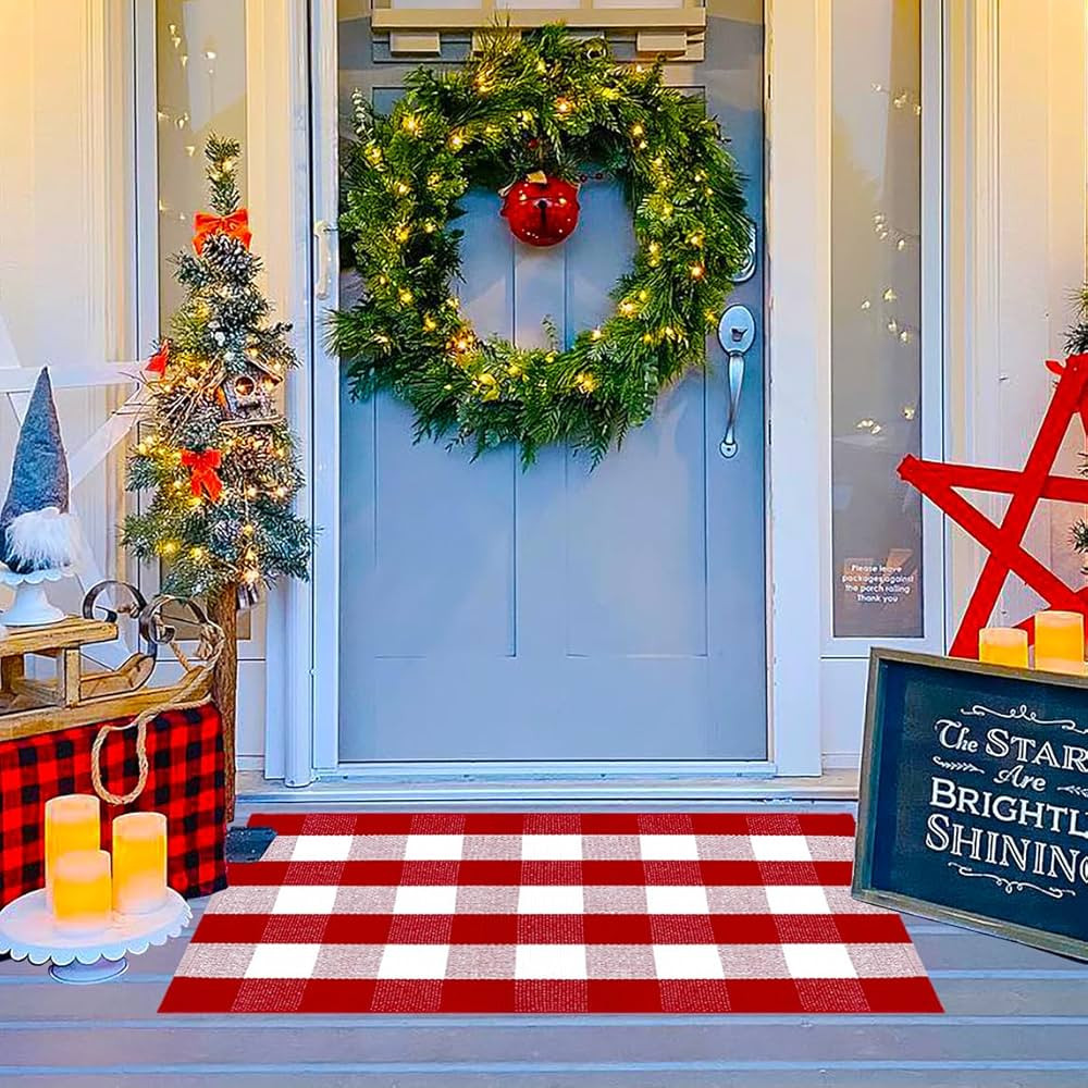 Ckorzen Red and White Plaid Rug, 28" x 43" Christmas Outdoor Front Door Decor Mat, Cotton Hand-Wo... | Amazon (US)
