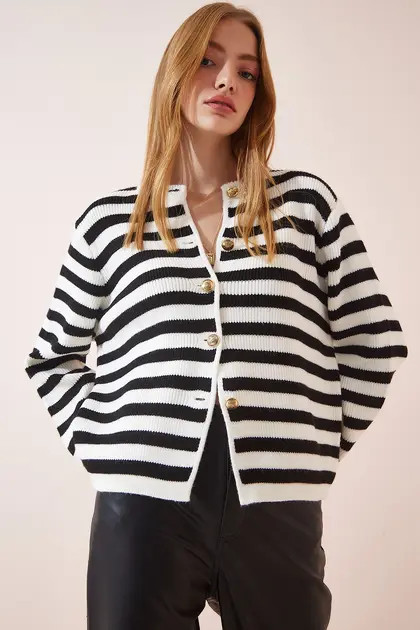 Happiness İstanbul Gepolsterte Strickjacke mit Streifenmuster in Ecru und Schwarz für Damen US0... | Trendyol DE