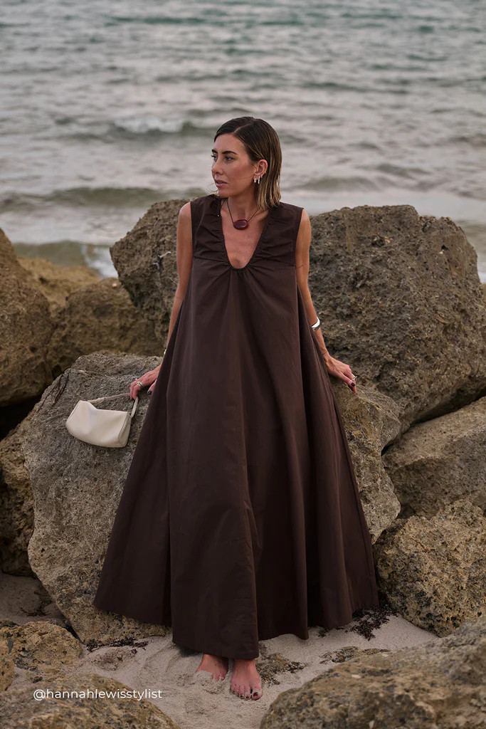 GABBY BITTER CHOC COTTON MIDI DRESS | DISSH