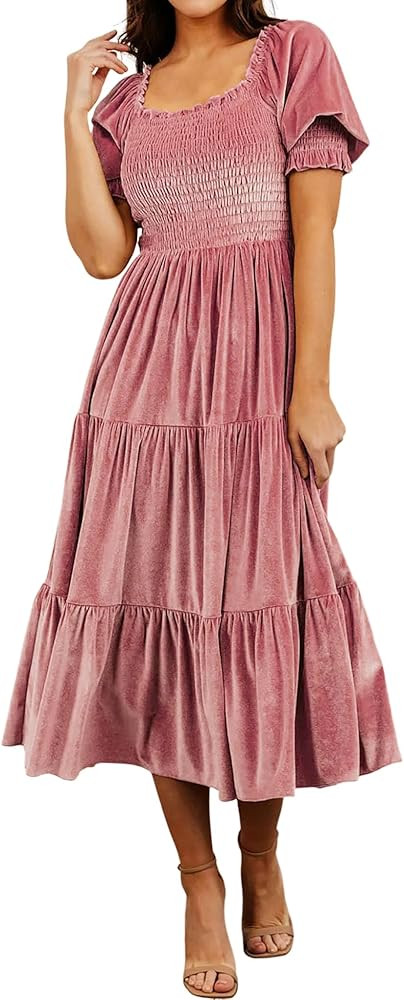 R.Vivimos Womens Fall Winter Velvet Dress Puff Sleeve Square Neck Smocked Tiered Ruffle A-Line Fl... | Amazon (US)