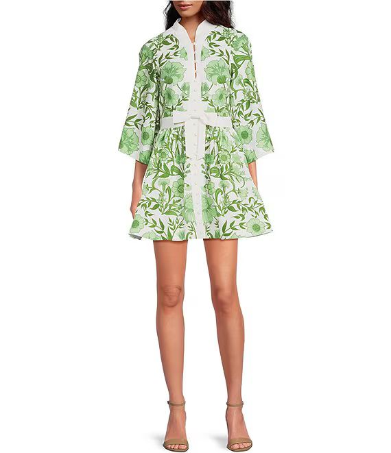 Mestiza New York Carmen Floral Print Mandarin Collar 3/4 Full Sleeve Mini A-Line Dress | Dillard'... | Dillard's