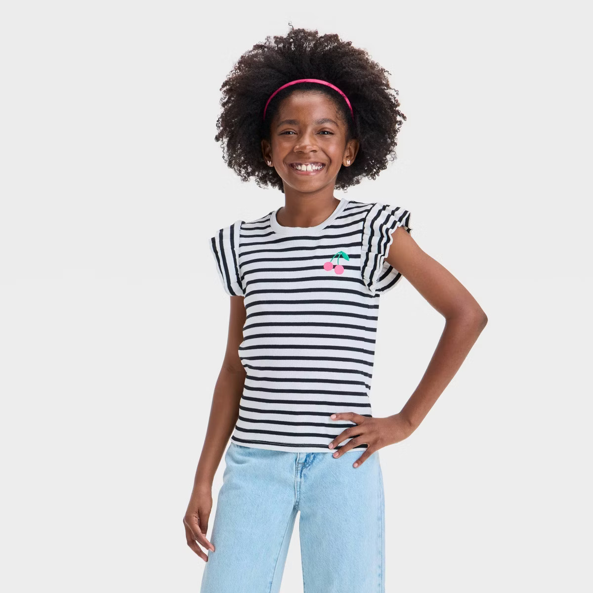 Girls' Short Ruffle Sleeve Striped Ribbed T-Shirt - Cat & Jack™ | Target