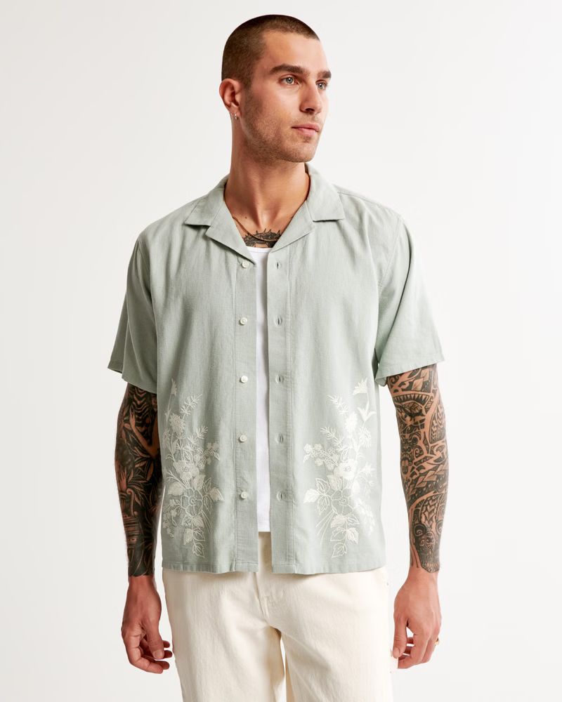 Camp Collar Summer Linen-Blend Embroidered Shirt | Abercrombie & Fitch (US)