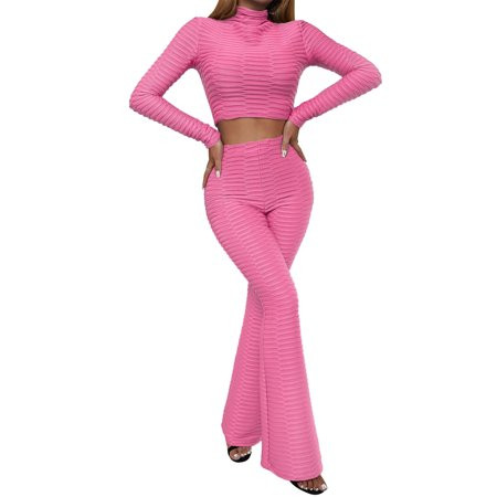 Karuedoo Womens Autumn Casual Workout 2pcs Tracksuits Turtleneck Long Sleeve Crop Tops Flare Pants S | Walmart (US)