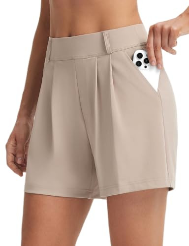 baleaf Womens Dressy Casual Shorts 5" High Waisted Summer Lounge Tailored Pleated Trouser Shorts with Pockets Khaki M | Amazon (US)