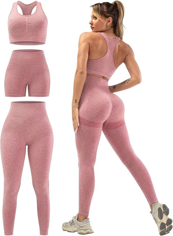 3 Piece Workout Sets for Women Butt Lifting Leggings with High Impact Sports Bra Gym Shorts | Amazon (US)