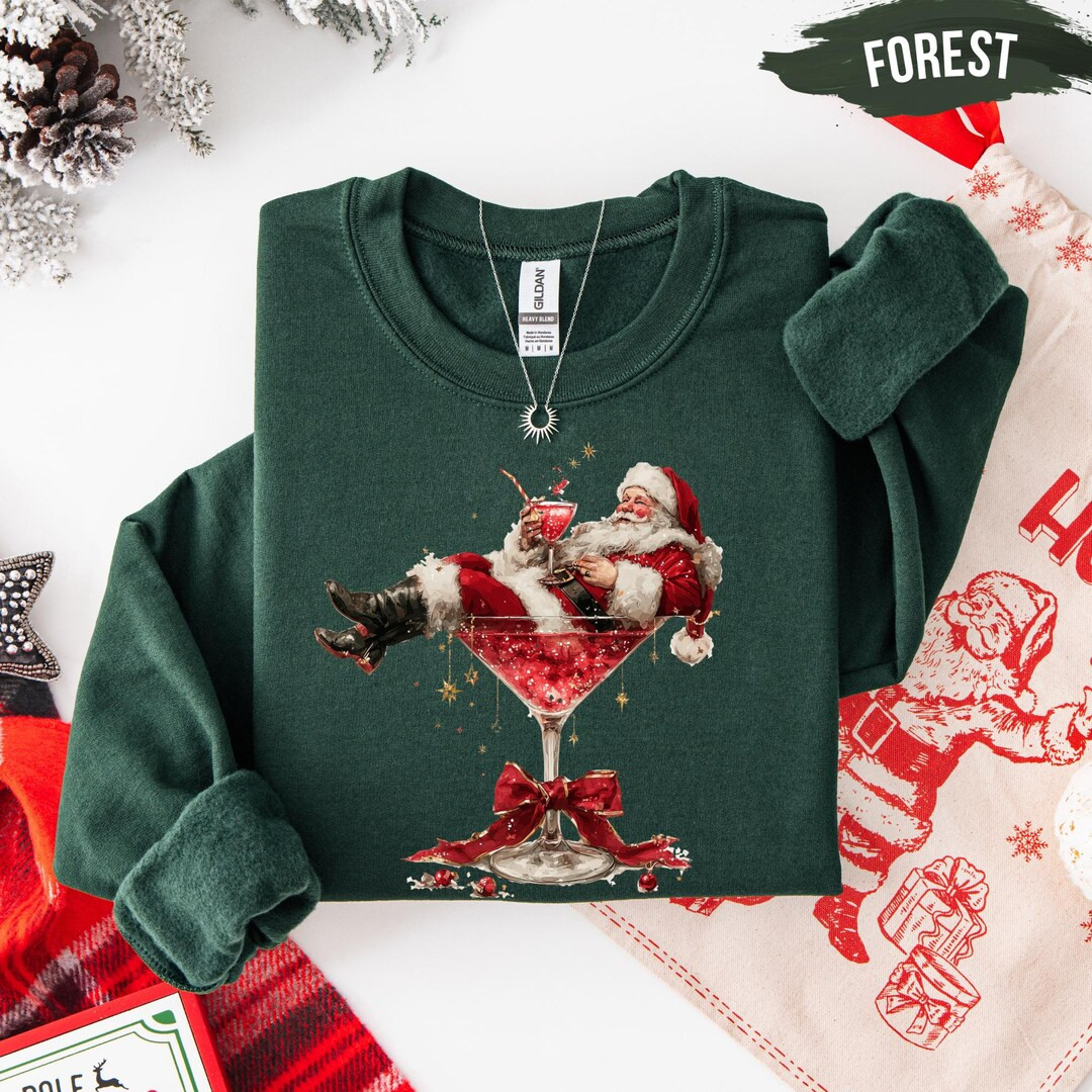 Festive Santa in a Martini Glass Christmas Sweatshirt - Etsy | Etsy (US)
