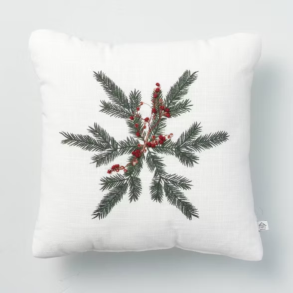 14" x 14" Foliage Snowflake Seasonal Throw Pillow Green/Red - Hearth & Hand™ with Magnolia | Target