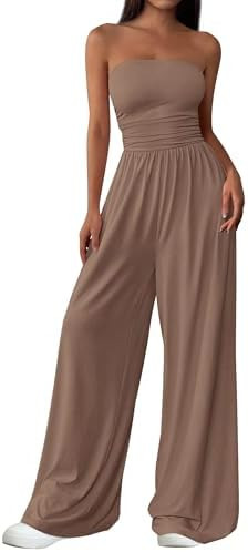PRETTYGARDEN Womens Trendy Strapless Rompers 2026 Ruched Tube Top Wide Leg One Piece Jumpsuits Be... | Amazon (US)
