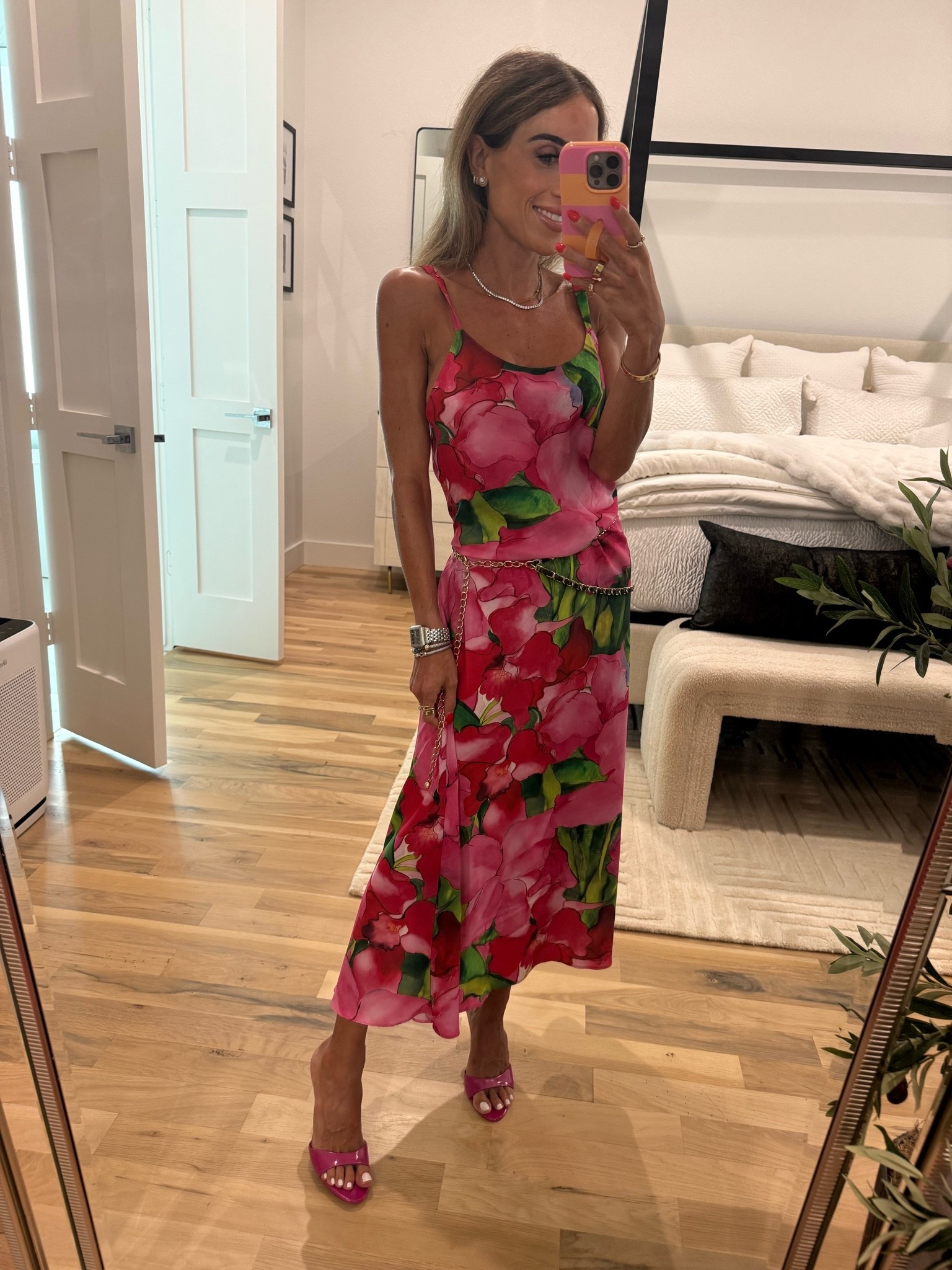 Fun printed slip dress wearing smallest size with pink heels @Natori