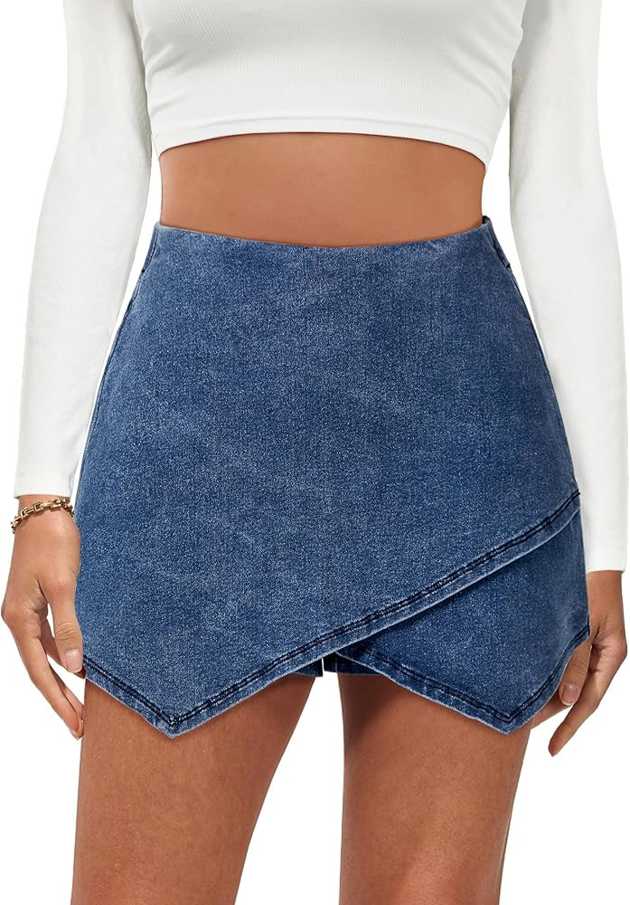 luvamia Jean Skorts for Woman High Waisted Pull On Stretchy Denim Wrap Skirt with Shorts Trendy A... | Amazon (US)