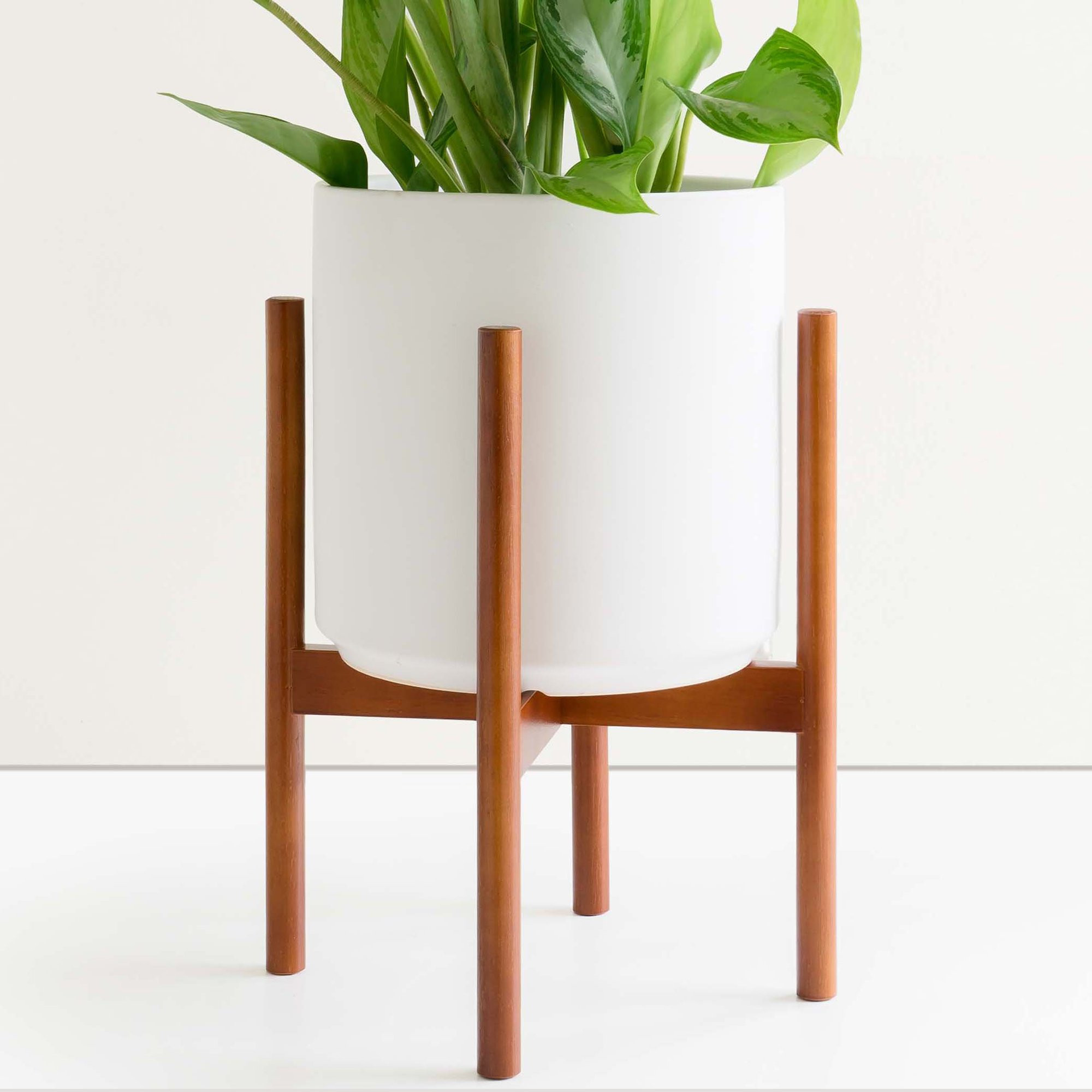 Peach & Pebble 10 inch Ceramic Planter with Wood Plant Stand, White | Walmart (US)