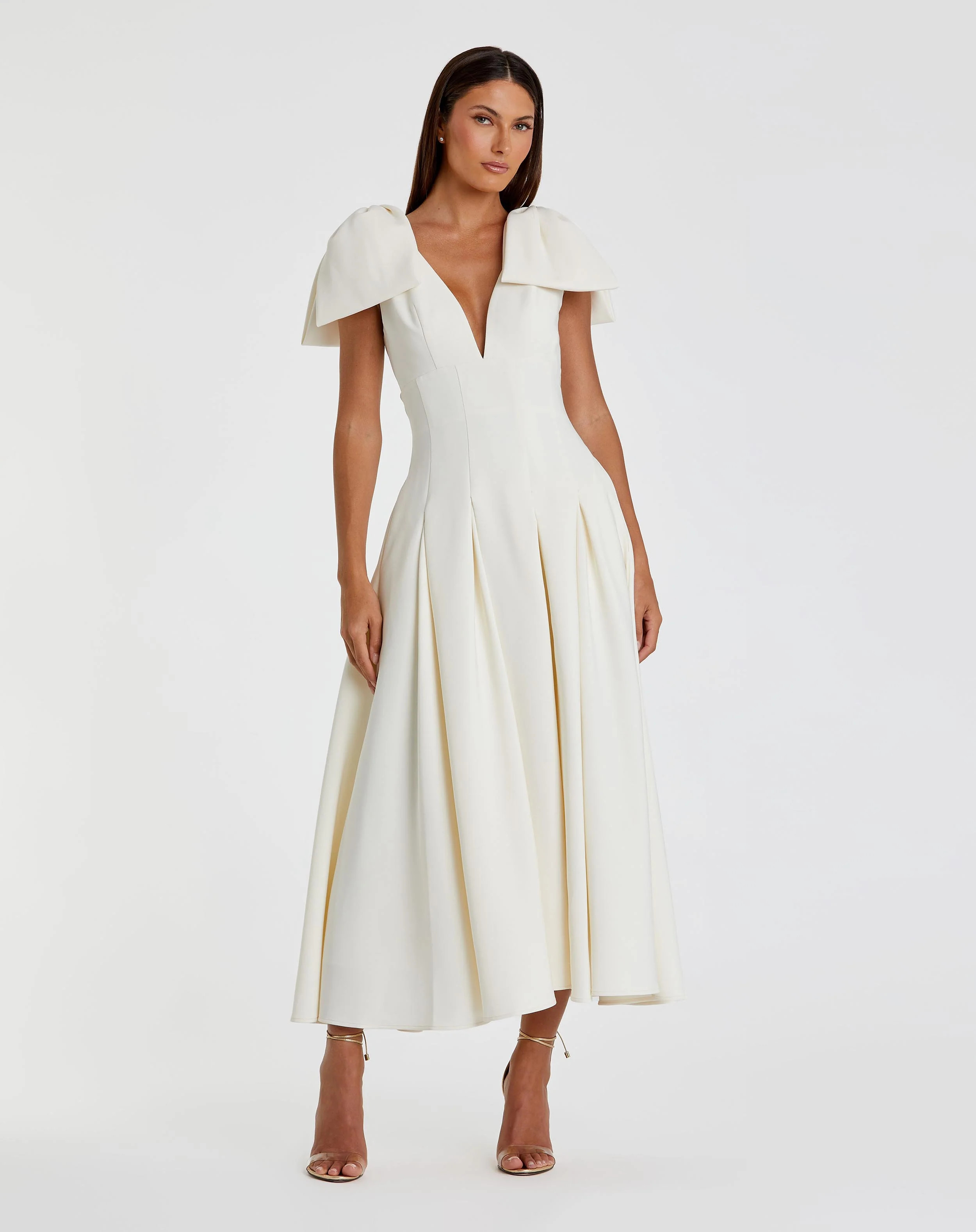 White Crepe A Line Midi Dress With Bow Straps - Mac Duggal | Mac Duggal