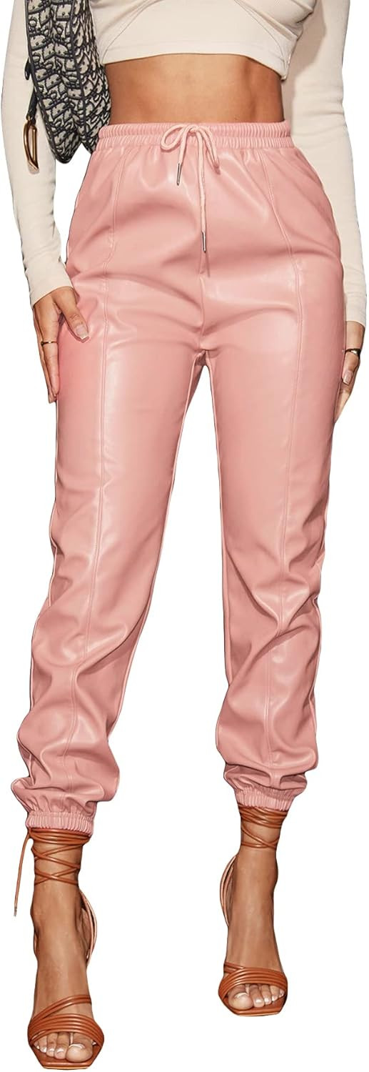 Floerns Women's Drawstring High Waisted Cropped Tapered Pu Leather Pants | Amazon (US)