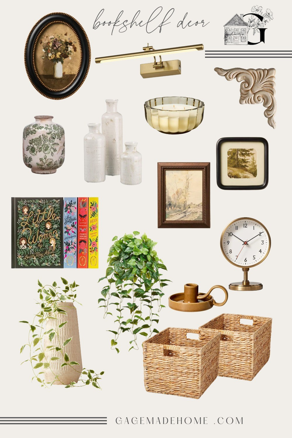 Bookshelf decor favorites that are vintage and antique-inspired for the perfect modern vintage vibe. Vintage art prints, clocks, books, candles, vases, faux plants, baskets and more. #bookshelfdecor #floralvase #ceramicvase #bookshelf #vintagedecor #vintageart 

#LTKHome