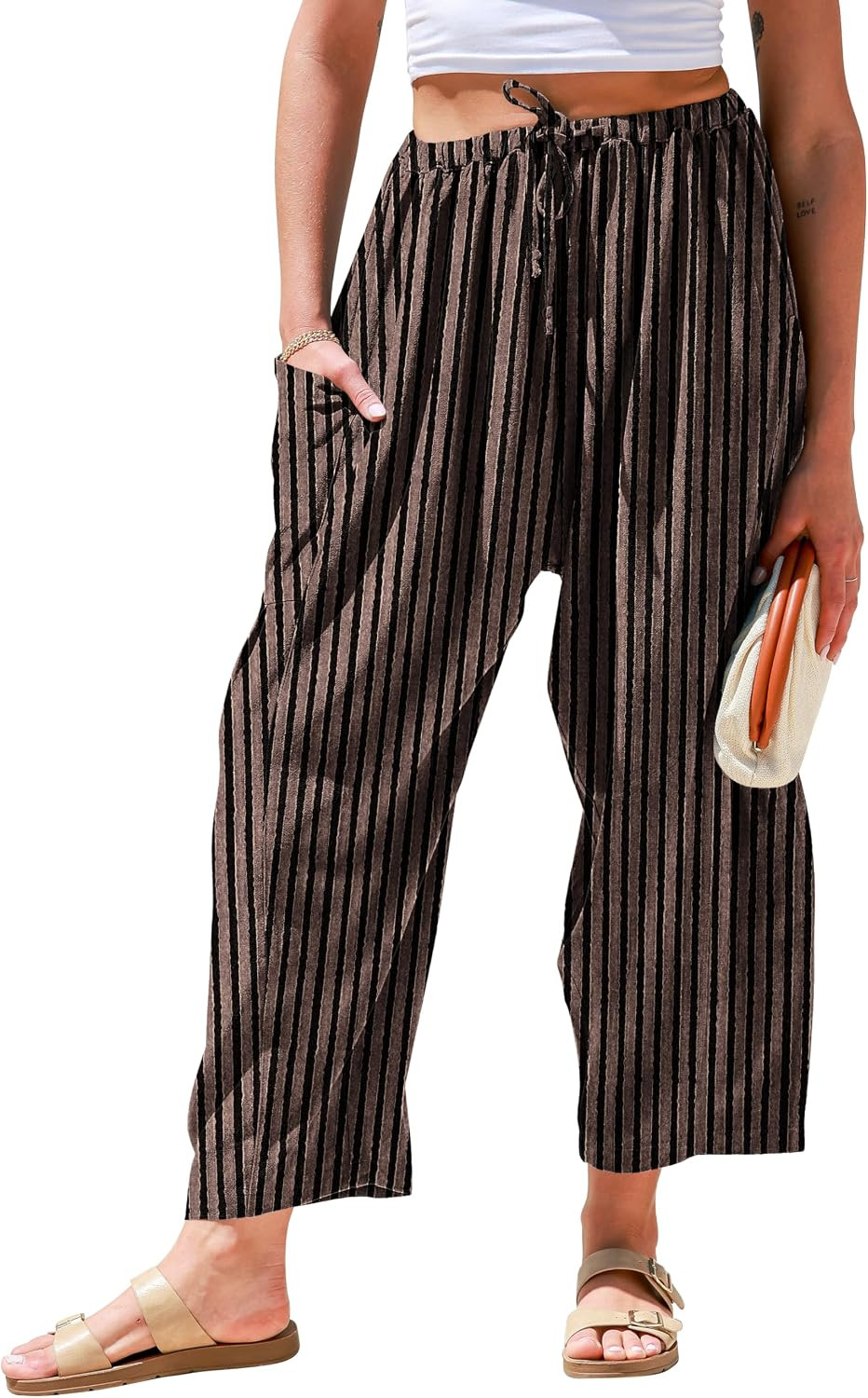 TARSE Womens Wide Leg Striped Linen Pants with Pocket | Amazon (US)
