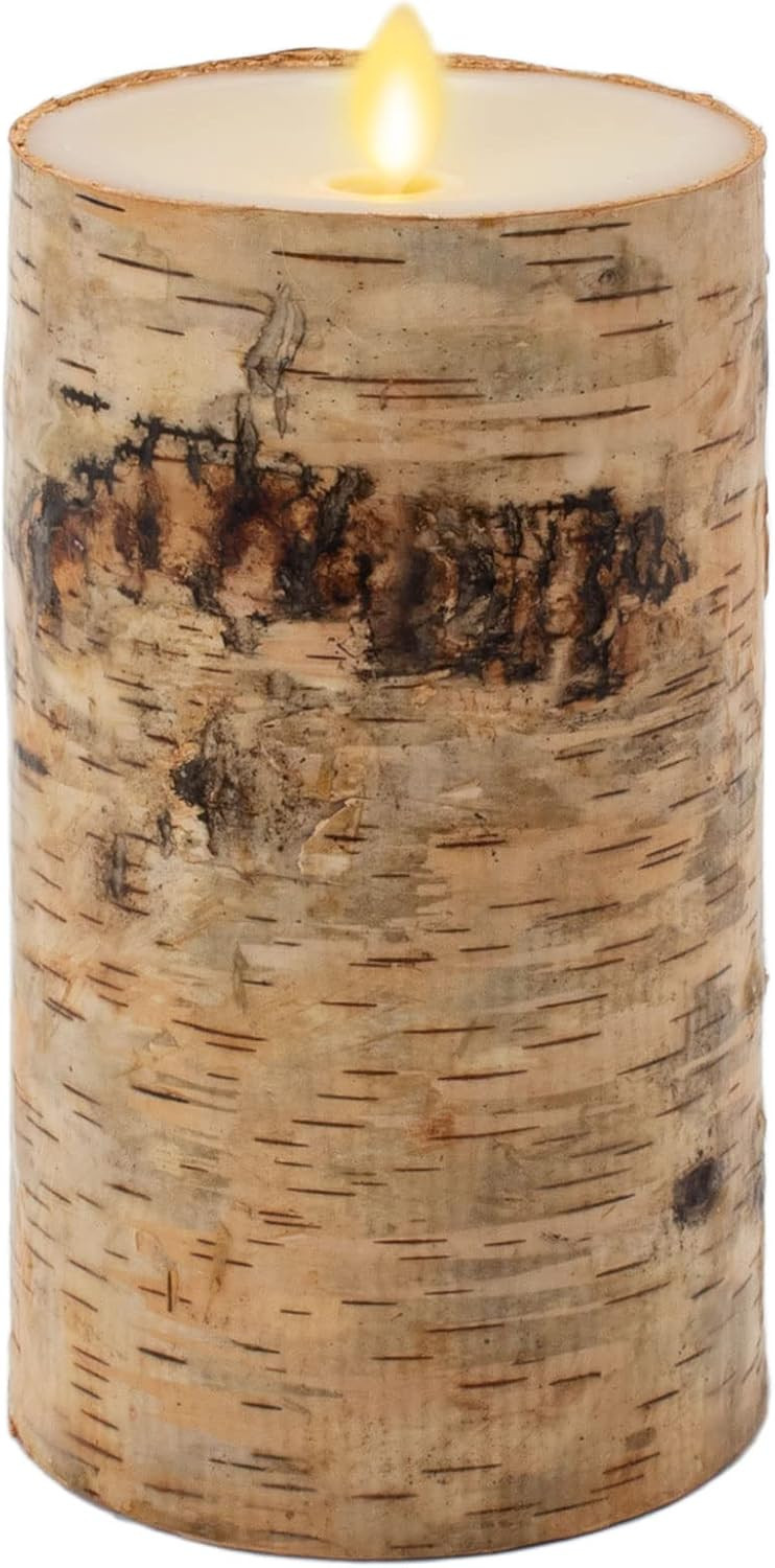 Luminara Realistic Artificial Flame Pillar Candle Wrapped with Real Birch Bark - Moving Flame LED Battery Operated Lights - Unscented - Remote Ready - Remote Sold Separately - 4.0" x 7.0" | Amazon (US)