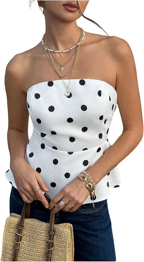SOLY HUX Women's Polka Dots Tube Top Strapless Sleeveless Bandeau Summer Peplum Tops | Amazon (US)