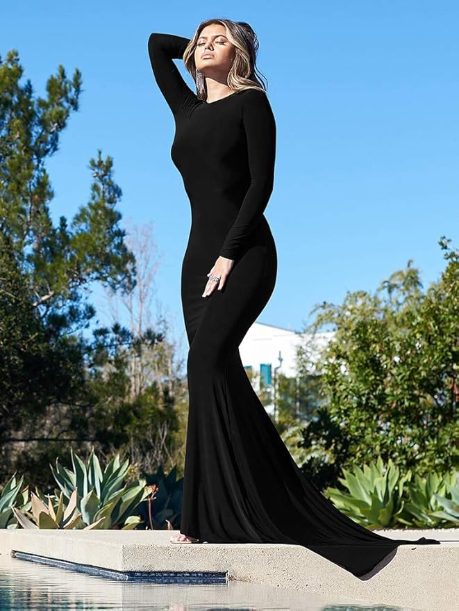 LAGSHIAN Women Elegant Long Sleeve Evening Gown Backless Maxi Mermaid Dress | Amazon (US)