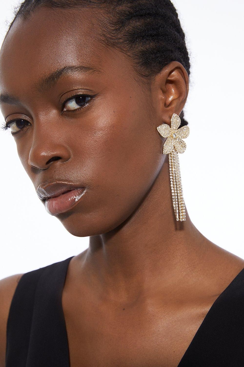 Diamante Flower Drop Earring | Karen Millen UK + IE + DE + NL