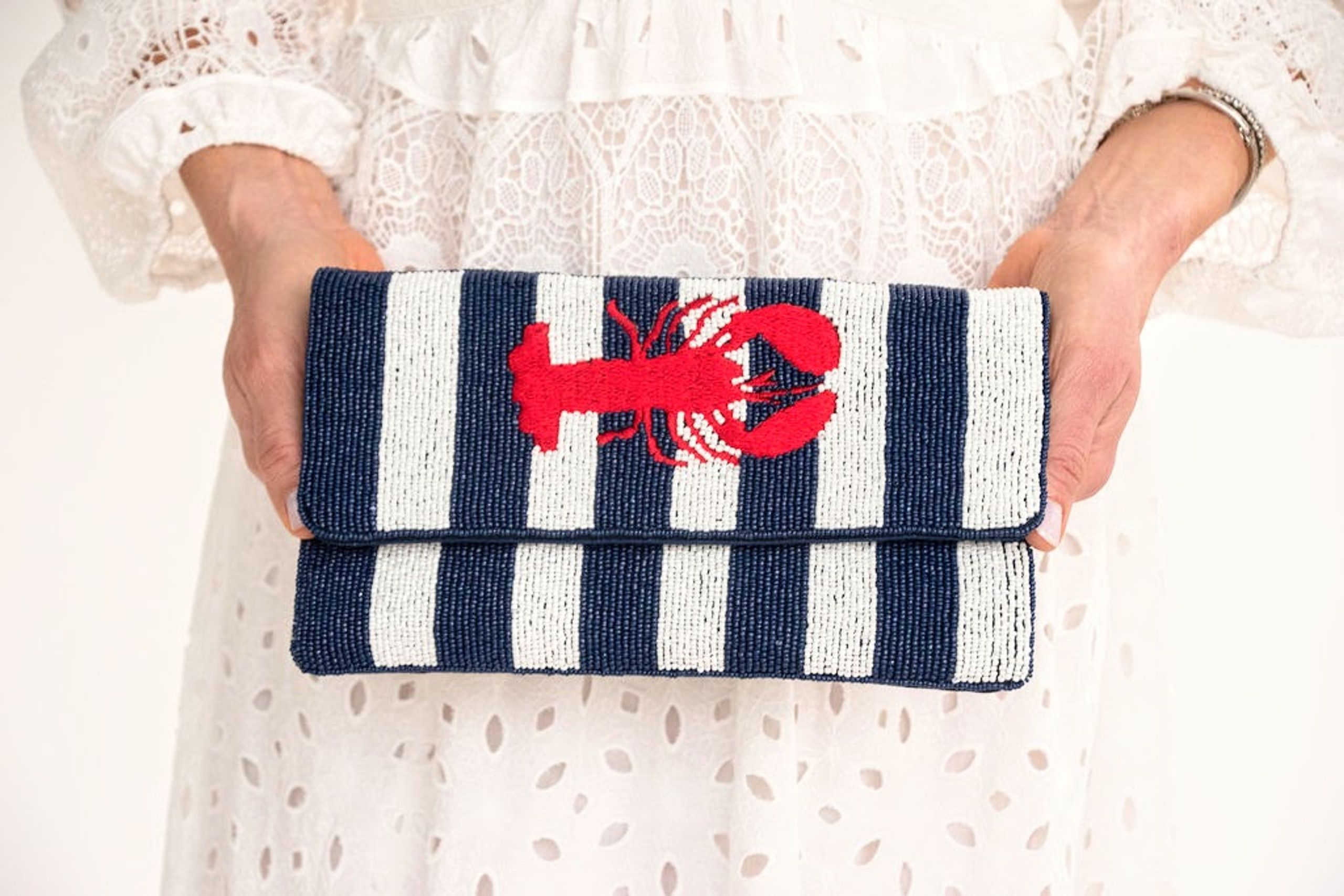 Lobster - Beaded Navy and White Stripe Clutch | Lisi Lerch Inc